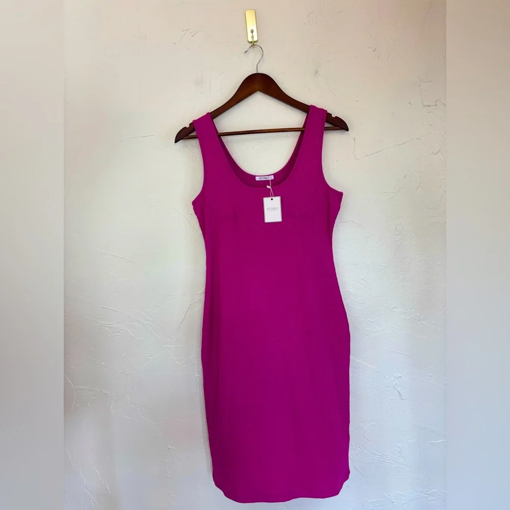 SUNRO Pink Dress Sleeveless Tight Ribbed Vacation Summer Bodycon Cups Sexy Large